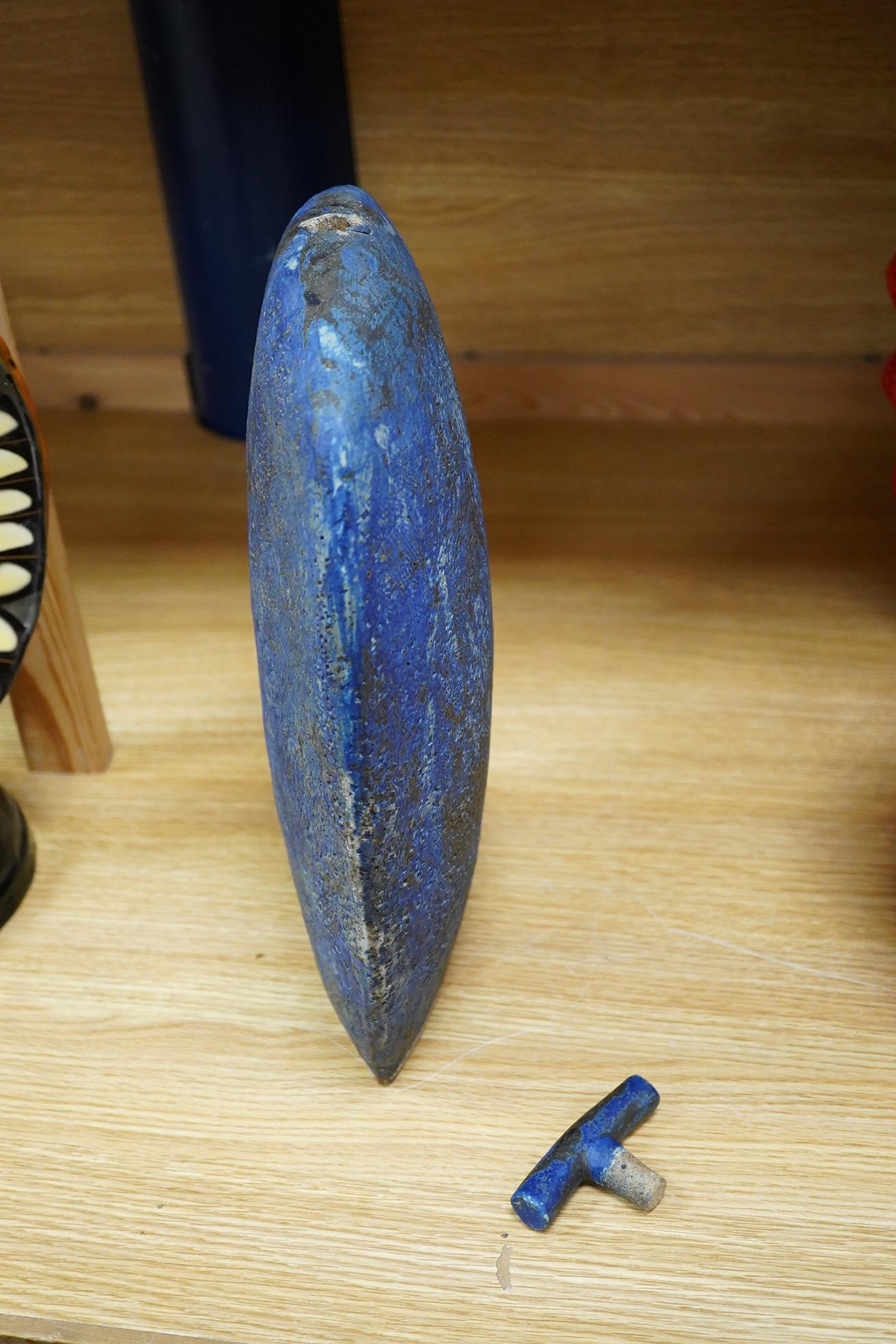 A large blue glazed pottery bottle and stopper, circa 1960's/80's, indistinct incised initials to the base, 37cm high